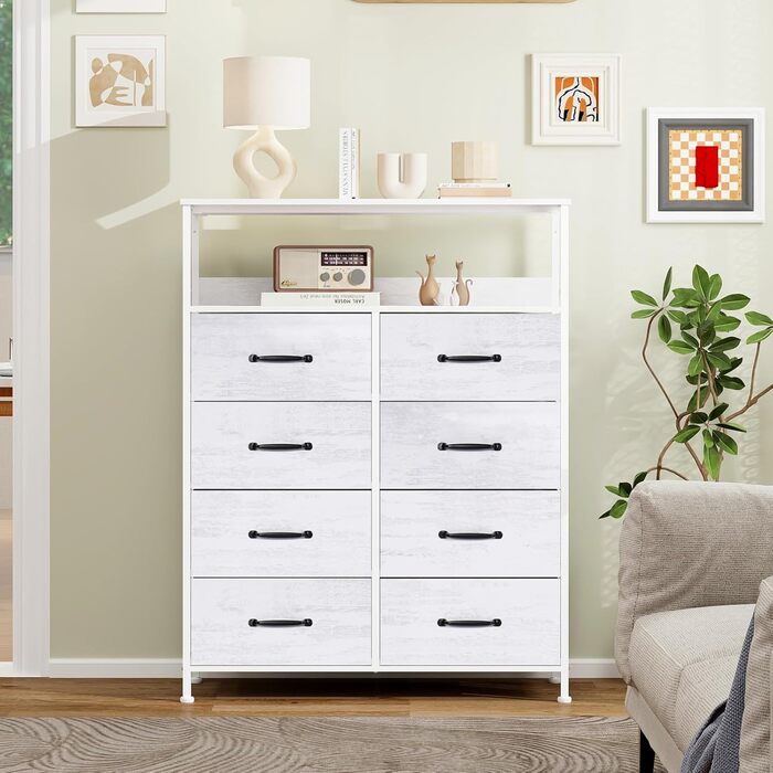 LYNCOHOME Chest of Drawers with Drawers, Fabric Chest of Drawers, TV Stand Sideboard with 6 Fabric Drawers, Storage Cabinet Bedroom Drawer Chest Kitchen Storage Furniture for Office Hallway (White-828)