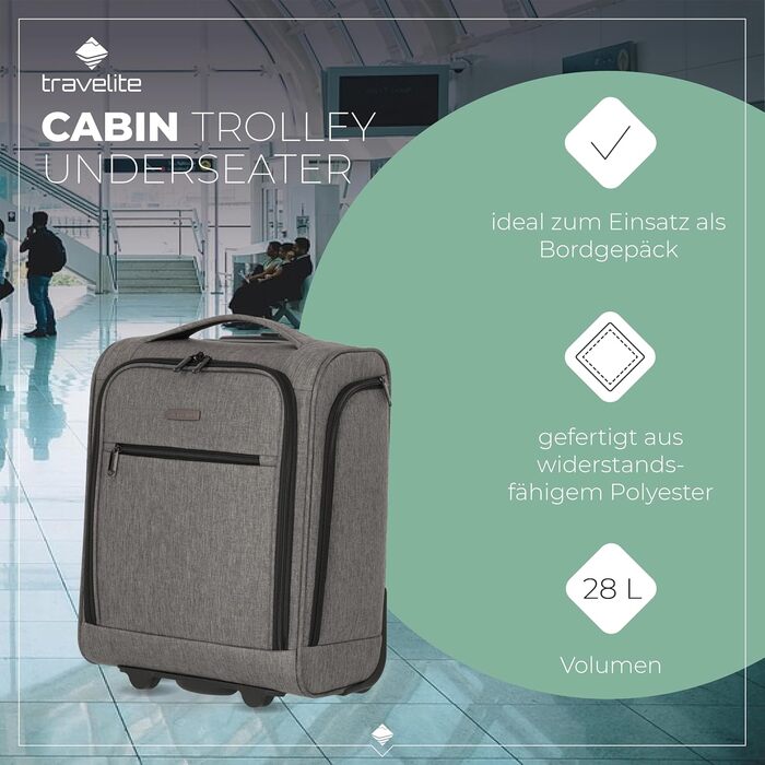 Чемодан ручної поклажі Travelite, 43 см, 28 л, з сумкою для ліквідів, 2 колеса, антрацит