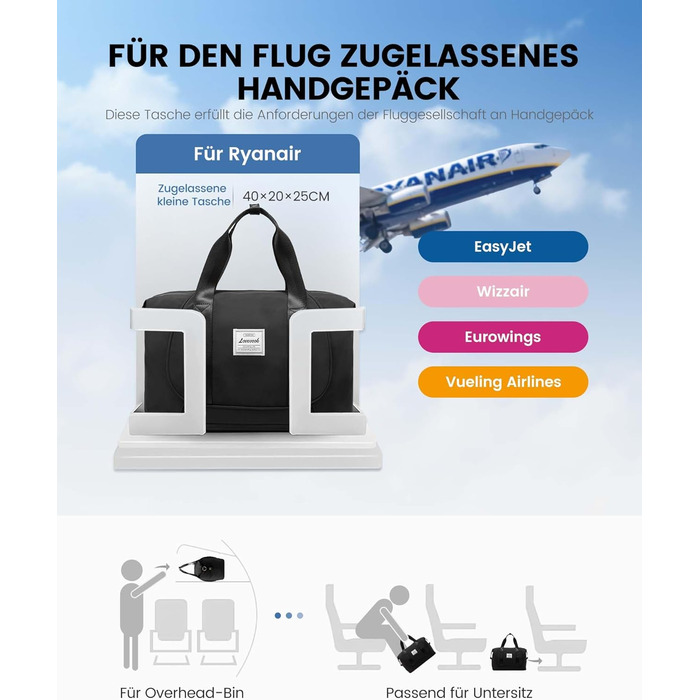 LOVEVOOK Сумка ручної поклажі Ryanair, 40x30x20 см, розширювана, для подорожей, зелена (чорна)