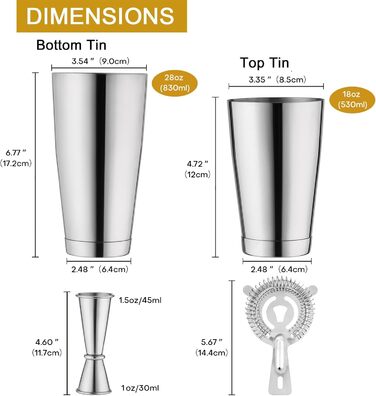 Набір для коктейлів WOTOR Boston: шейкер 18oz та 28oz, сито, подвійний джигер, професійний барний інвентар (срібло)