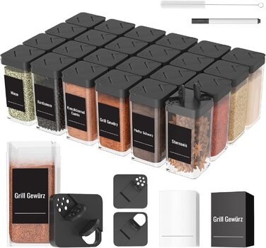 Набір баночок для спецій кутовий, 12 шт по 120 мл з кришкою, міцний пластик, дозатор, 36 етикеток, органайзер для спецій, чорний