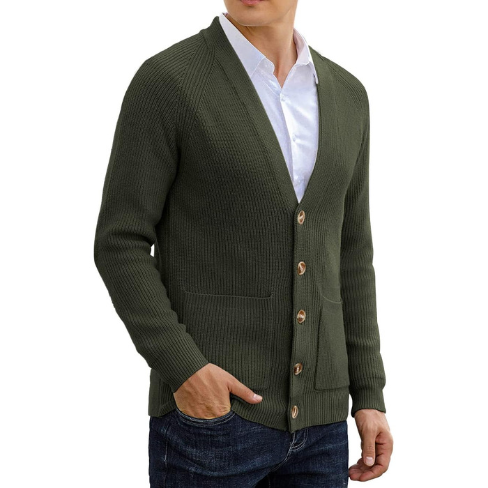 Чоловічий в'язаний кардиган Sailwind з V-подібним вирізом, зимова куртка, класичний дизайн, довгий рукав, з ґудзиками та кишенями (оливковий, M)