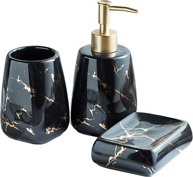 Набір аксесуарів для ванної кімнати XUDREZ з малюнком мармуру, кераміка, набір з 3 предметів: дозатор для лосьйону, стаканчик для зубних щіток, мильниця, чорний глянцевий, преміум якість