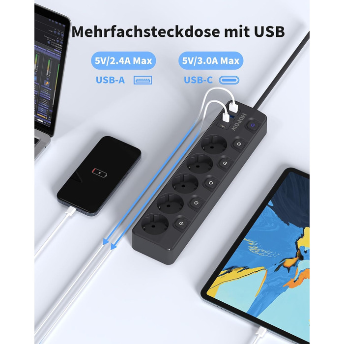 Мережевий фільтр 9-в-1 з індивідуальним вимикачем, 5 розеток, 4 USB-порти (3680W, 16A), захист від перенапруги 1050 Дж, настінний монтаж, 2 м кабель - для дому, офісу та подорожей, чорний