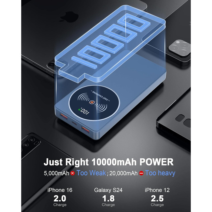 Портативний зарядний пристрій Power Bank Klein 10000mAh з USB-C, 3 порти, сумісний з iPhone/Android (Блакитний)