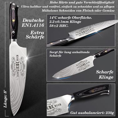 Updated Model - Valentine's Day Kitchen Knife Sharp Gift for Him, Professional Chef's Knife with Wooden Box, Partner Gifts for Men Husband, I Love You Valentine's Day Gift