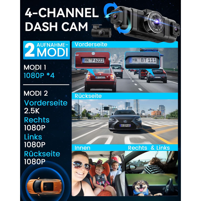 Автомобільний відеореєстратор IIWEY N5 4-канальний 360° 1080P (передній, задній, внутрішній, бічні камери) з нічним баченням, G-сенсором, режимом паркування, 5G Wi-Fi та SD-картою 128ГБ