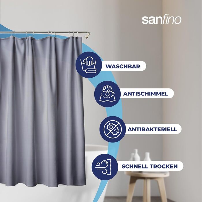 Штора для душу 180x200 см з кільцями, водонепроникна, антибактеріальна, з малюнком, сіра - Öko-Tex сертифікат