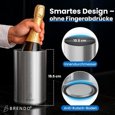 Охолоджувач для пляшок та шампанського Brendo Weinkühler Edelstahl - подвійний, ізольований, срібляний | Охолоджувач для вина, шампанського, белого вина | Подарунковий набір для чоловіків та жінок