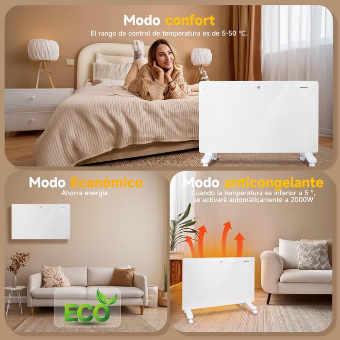 Електричний конвектор Aigostar з термостатом та Wi-Fi, 2000W, чорний (білий, 2 шт.) - для кімнат до 30 м²