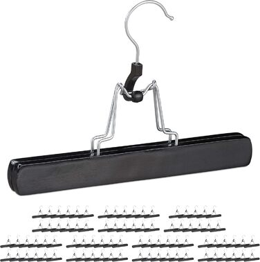 Relaxdays Trouser Hanger, Wood, 12 Pack, 360° Swivel Hook, Felt Protection, HBT 17 x 25 x 2.3cm, Clothes Hanger Pants, Black