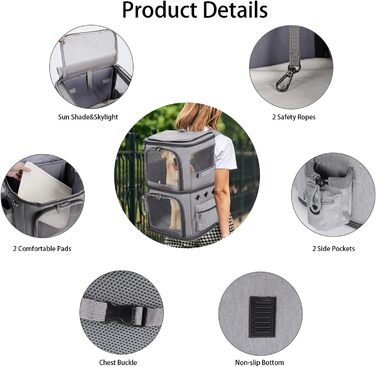 Рюкзак для котів та собак, 2-в-1, знімні відділи, до 12 кг, переноска, складаний, з вентиляцією, сірий L