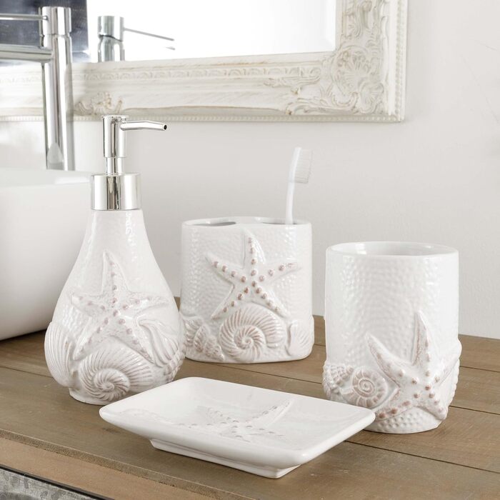 Набір для ванної кімнати з кераміки, білий, з візерунком мушлі (4 предмети): дозатор, тримач для зубної щітки, миска та мильниця
