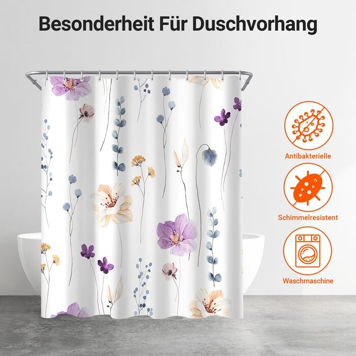 Штора для душу 240x200 см, квіти, поліестер, антигрибкова, водовідштовхувальна, з кільцями та утяжувачем (Ліловий)