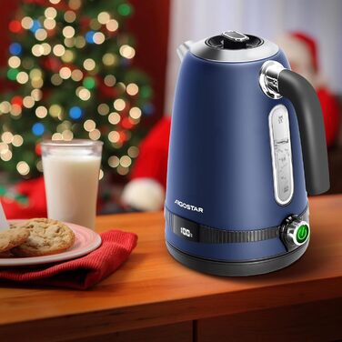 Електричний чайник Aigostar з регулюванням температури, 1,7 л, ретро-дизайн, матове покриття, цифровий дисплей, функція підтримки тепла, без пластику всередині, BPA-free (темно-синій)