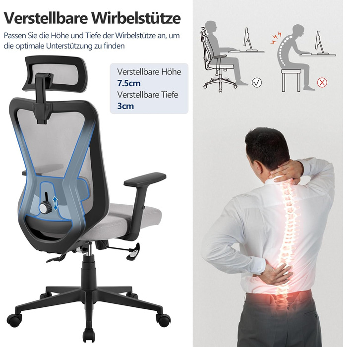 Крісло офісне Yaheetech ергономічне з регульованою підголівником, підлокітниками та поперековою підтримкою, поворотне, з можливістю нахилу 90°-130°, регульоване по висоті (світло-сірий)