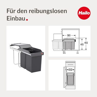 Відро для сміття Hailo Tandem 3650103 | Вбудований контейнер для сміття 2 секції з 50 мішками | для шаф шириною від 300 мм | Зручний висувний механізм на роликових направленнях | Сріблястий та антрацитовий пластик 3650101
