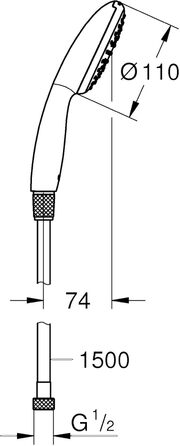 Душова лійка GROHE Vitalio 110, водозберігаюча, 8 л/хв, 1 струмінь, хромована, універсальний підключення, захисний силіконовий кільце, (Набір ручної душової лійки)