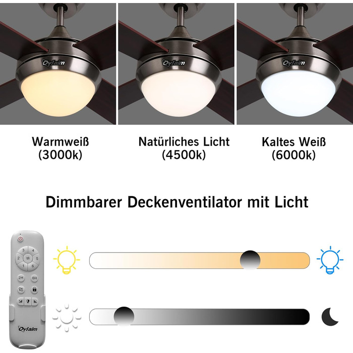 Стеляний вентилятор Ovlaim 122 см з регульованою LED-підсвіткою та пультом керування, коричневий, 6 швидкостей, DC мотор, тихий, для спальні/тераси