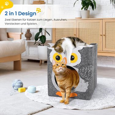 Кігтеточка-будиночок для котів Dripex з 2 поверхів, філц, з подушкою, 30 x 35 x 35 см (Сова)