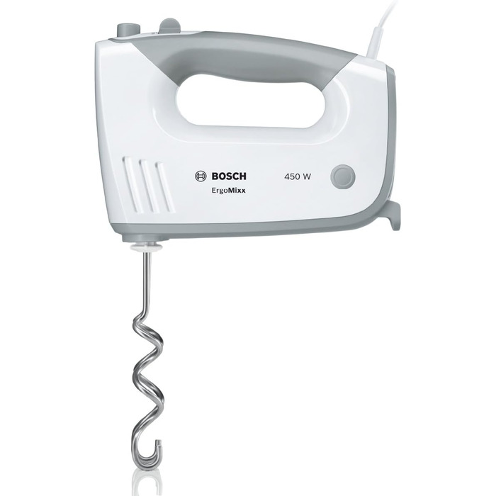 Bosch Hand Mixer ErgoMixx MFQ36470, 2 whisks, 2 stainless steel dough hooks, stainless steel mixing foot, mixing bowl, 5 speeds plus turbo setting, 450 W, white/gray