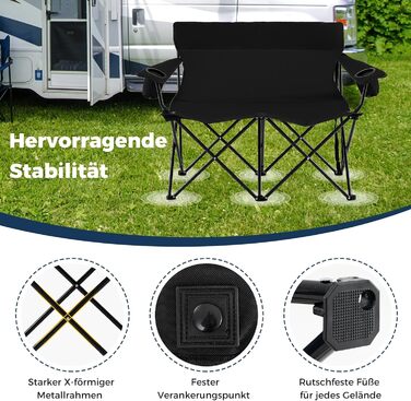 Крісло для кемпінгу на 2 особи Costway, розкладне з підстаканниками та підлокітниками, 300 кг, з сумкою для перенесення, для відпочинку, пікніків та риболовлі (чорний)