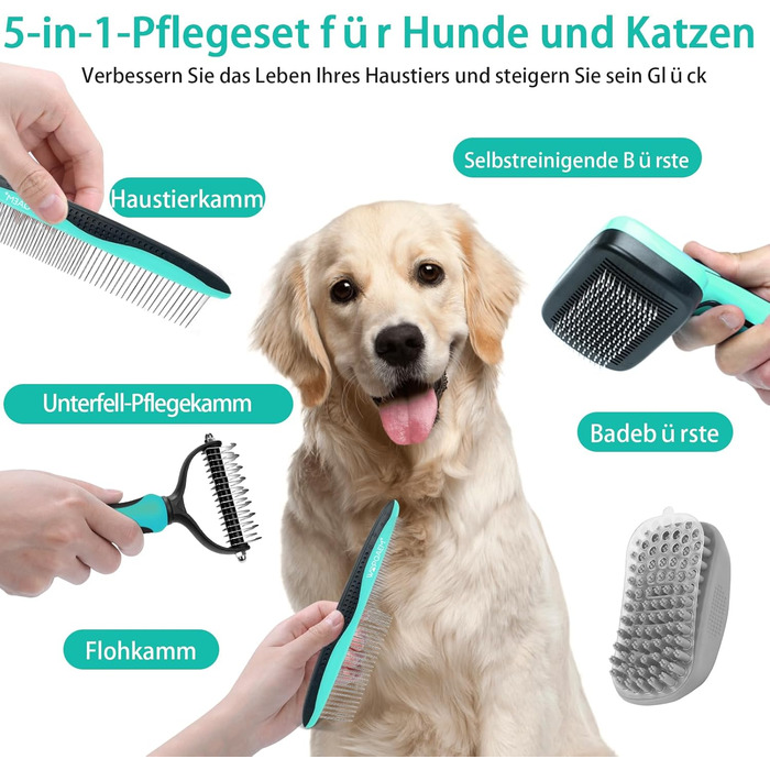 Щітка для собак і котів, самоочисна, для вичісування підшерстка та відмерлого волосся, ідеальна для довгошерстих та короткошерстих порід, делікатна до шкіри, зменшує випадіння шерсті, синя (зелена - набір 5 в 1)