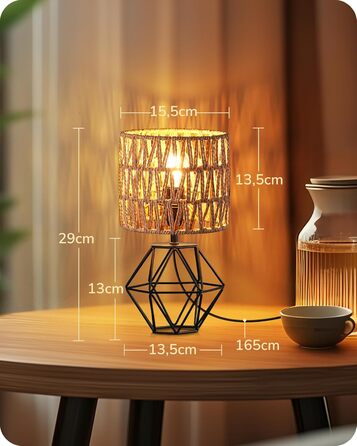 EDISHINE Настільна лампа, сучасний індустріальний дизайн, цоколь E14, вінтаж, для спальні/вітальні, білий & золотий (ротанг + чорний)