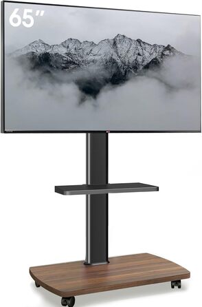 AOKCOS Rolling TV Stand with Wood Shelf - Adjustable Height & Swivel - VESA 400x400 - Holds 32-65 Inch TVs up to 40kg
