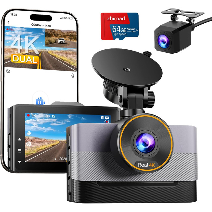 Відеореєстратор Auto Dashcam 4K+1080P з Wi-Fi, 64GB, IPS 3' екраном, Нічне бачення, G-сенсор, Loop-запис, 170°+140° Кут огляду, Паркінг 24/7, Керування через App, Підтримка до 256GB