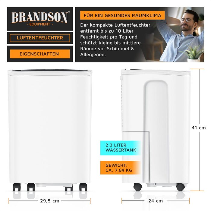 Електричний осушувач повітря Brandson з компресором, 10 літрів, Wi-Fi, з функцією відведення води по шлангу та керуванням через додаток