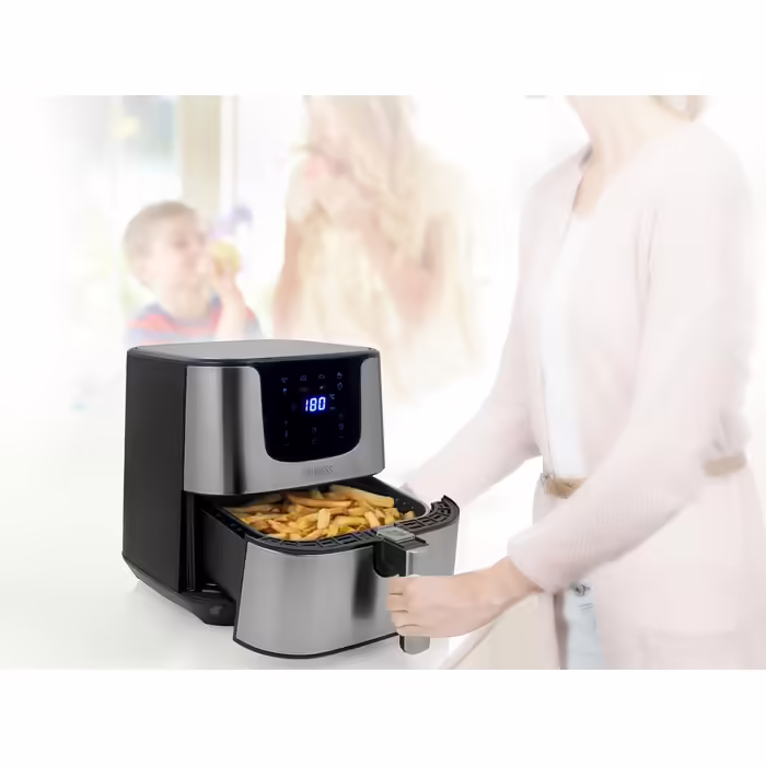 Princess Hot Air Fryer XXL with 5.5 Liter – 62.2% less energy consumption – Digital Airfryer Deluxe – 8 programs – Stainless steel – Oil-free – Aerofryer 182060, Silver STANDARD DESIGN 5.5L