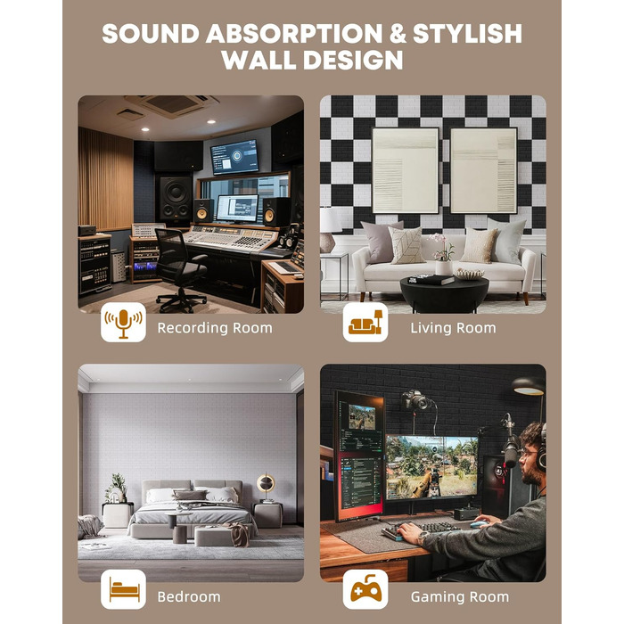 Акустичні панелі Jamelo 3D цегла, самоклеючі панелі для звукоізоляції та декору стін (30x30x0,9 см, чорні, 12 шт.) для студії, спальні та офісу