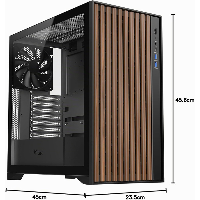 Ігровий корпус Itek Woody Gaming Tower ATX, 3x14см вентилятори, USB 3.0, Type-C, дерев'яна передня панель, загартоване скло, чорний