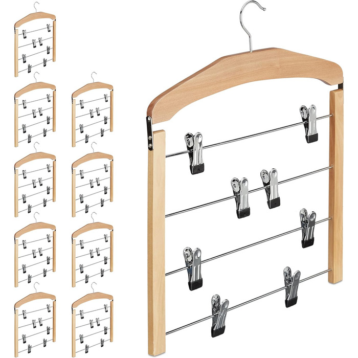 Relaxdays 10 x Rockbügel multi-clamp, trouser hanger wood, 360° rotatable hook, clothes hanger non-slip, HBT 45,5x39x2,5cm, Silver/Natural
