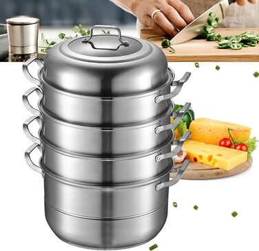 Пароварка SABUIDDS 32 см з 5 ярусами, з нержавіючої сталі, з кришкою з термостійкого скла, для всіх типів плит (індукція), для приготування кускусу та інших страв