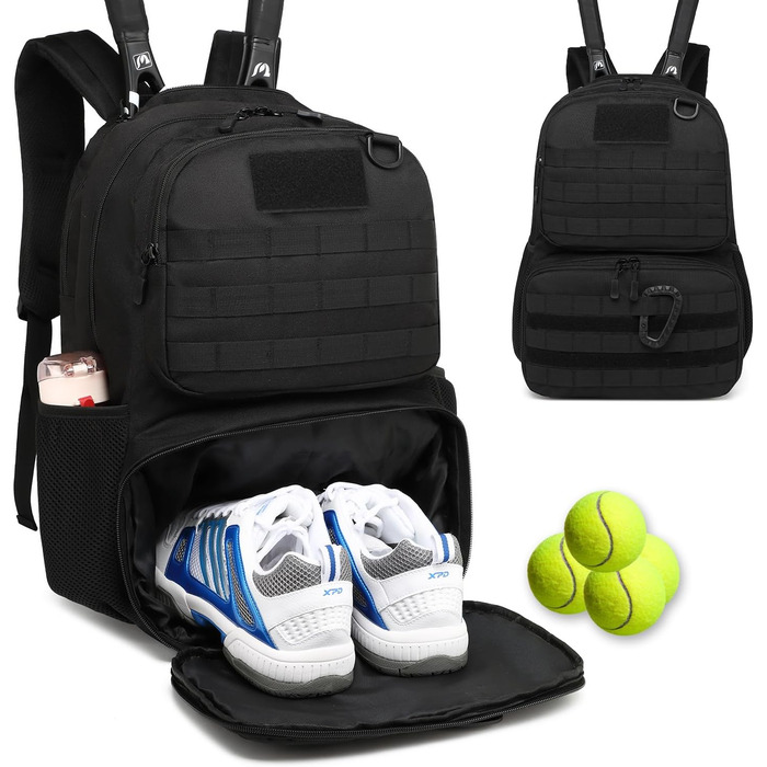 BlesMaller Tactical Tennis Backpack - Unisex with Shoe Compartment & Racket Protection - Black Sports Bag