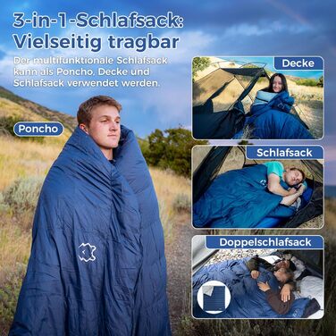 Спальний мішок ATEPA Elements Daunen 0°C, 3-в-1, ультралегкий, прямокутний, комфорт 4°C / ліміт -1°C, з компресійним мішком, для походів, кемпінгу та рюкзакових подорожей, Navy