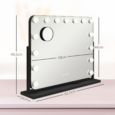 HOMCOM LED Makeup Mirror with 3 Light Modes, Dimmable, Touch Control, USB Powered, 24.4 x 19.5 inches, Black