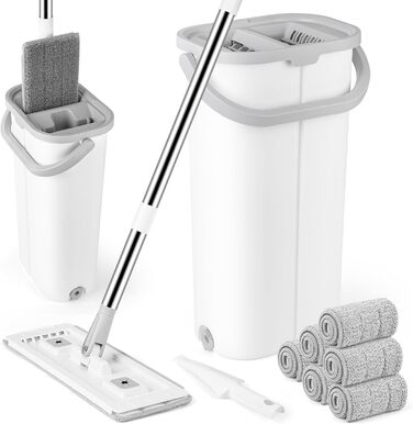 Набір для миття підлоги з відром GIOVARA: моп з відром, система віджиму, мікрофібра, 6 насадок, для всіх типів підлоги, білий