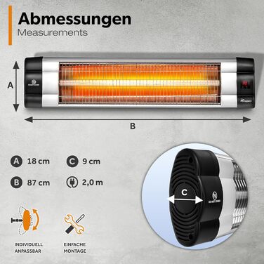 Інфрачервовий обігрівач TRESKO 2500W з пультом дистанційного керування | Тепловий струмінь для тераси, електричний, 3 режими | Тепловий струмінь для тераси, внутрішній та зовнішній | Настінний інфрачервовий обігрівач з LED-дисплеєм, кварцовий (срібний)