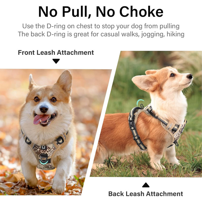 Нагрудник для собак No-Pull, анти-тягнучий, великий, середній, малий - м'який, дихаючий, регульований, світловідбиваючий, з м'якою ручкою (XL, камуфляжний коричневий)