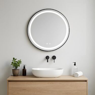 LED дзеркало для ванної кімнати з підсвічуванням, кругле, регульоване, 3 кольори світла (3500K-6500K), сенсорне керування, запобігання запотіванню, для макіяжу та гоління (діаметр 70 см)