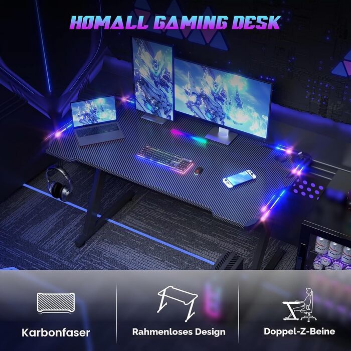 Ігровий стіл Homall з RGB LED-підсвіткою та підстаканником, 140x60 см, чорний