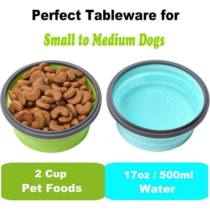 Складані миски для собак з силікону для корму та води, для подорожей, з кришкою, портативні, розширювані, для домашніх тварин, для прогулянок, кемпінгу, 2 шт. блакитний / зелений (Medium, блакитний / зелений)