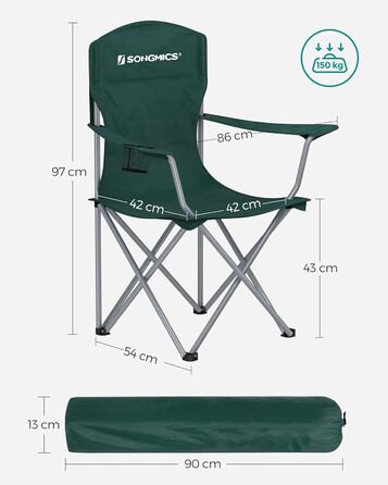 SONGMICS 2-Pack Folding Chair Camping Chair Folding Chair Comfortable Heavy-Duty Construction Max. Load Capacity 150 kg with Cup Holder Outdoor Chair (Dark Green)