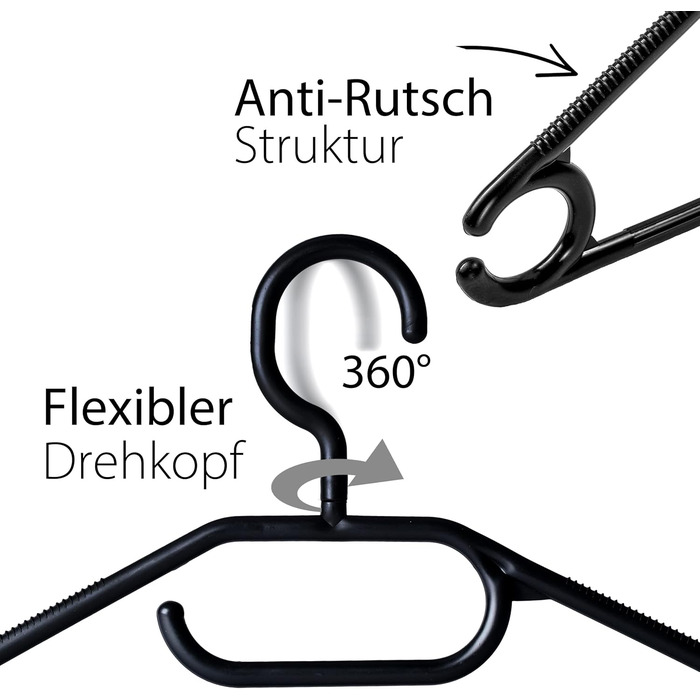 Hausfelder 30 Clothes Hangers, Ironing Set, Black Plastic Hangers, Swivel Hook, 30 Pieces