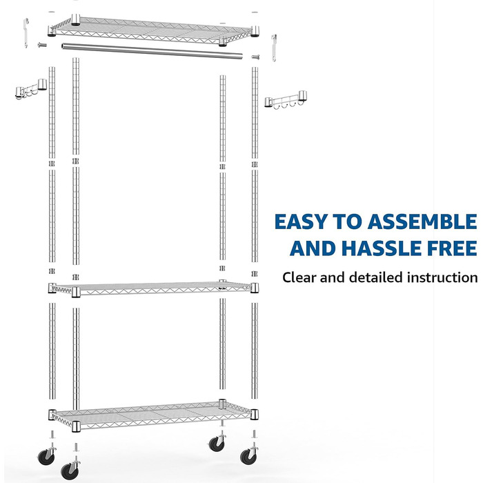 Міцний мобільний вішак для одягу з 3 рівнями, регульовані полиці, 2 штанги та гачки - 40x75x189.3 см (хром)