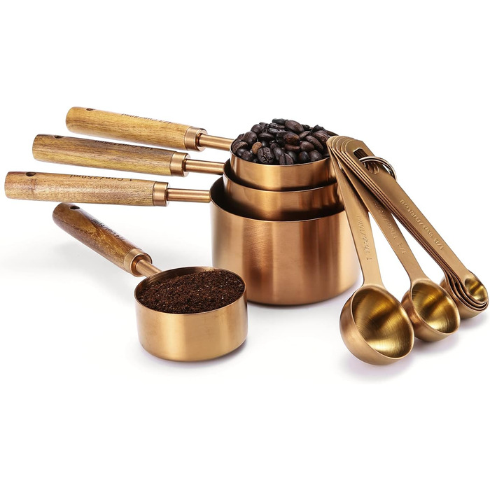 Malmo Measuring Cup and Spoon Set, 10-Piece, with Wooden Handle, Titanium-Coated Stainless Steel, Rose Gold (Rose Gold)
