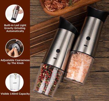 Gravity Electric Salt and Pepper Grinder Set, USB Rechargeable, Automatic, One-Handed Operation, Grinder for Kitchen, Grill, Adjustable Coarseness, Silver, 2 Pieces